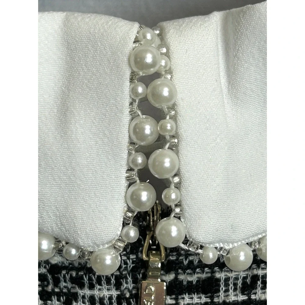 Karl Lagerfeld Paris Tweed Mini Dress Black Whte Faux Pearl Short Puff Sleeve 12 - Picture 11 of 16